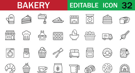 Editable bakery icon set featuring 32 unique line-style symbols, including bread, cake, tools, and shop elements. Perfect for branding, packaging, and web design. Clean, modern, and scalable vectors.