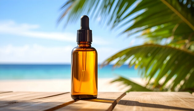 Sebotol serum skincare di atas jalan papan di tepi pantai tropis