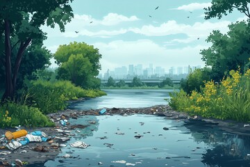 Illustration of a dirty river with garbage and with harmful effluents polluting the environment