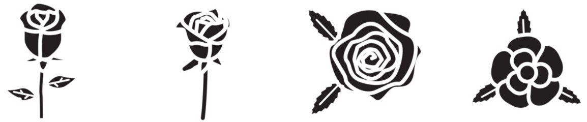 Set of roses with leaves. Silhouette of flowers