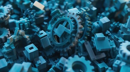 A dense pile of teal, metallic-looking gears and cubes, some interlocking, others scattered, creating a complex, industrial aesthetic
