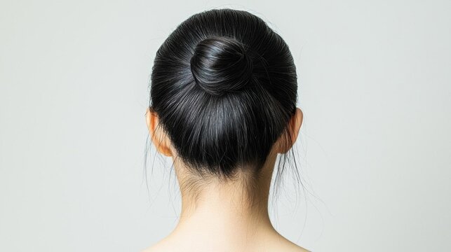 The back of a woman's head with her hair pulled back into a high bun. the bun is made up of multiple strands of hair that are tied together in a neat and tidy manner.