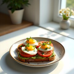 Healthy Avocado Toasts with Fried Quail Eggs, Tomatoes, and Herbs in Sunny Kitchen