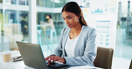 Finance, businesswoman and typing on laptop in office for tax compliance report, risk management and auditing. Professional, accountant and technology for financial proposal and investment project