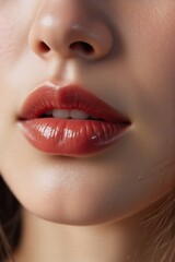 Fototapeta premium A close-up shot of a woman's mouth. Her lips are full and coated in glossy red lipstick. The focus is sharp, highlighting the texture and shine