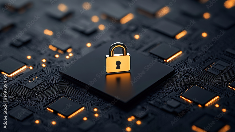 Leinwandbilder Padlock symbolizing cybersecurity sits on microchip, representing data protection and digital security. dark circuit board background highlights importance of safeguarding information