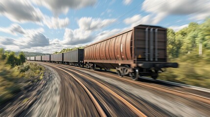Obraz premium A high-speed cargo train transporting freight across the countryside, motion blur, ultra-detailed textures