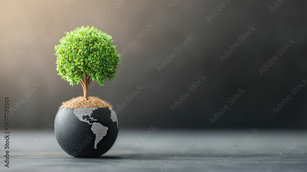 Aufkleber small tree grows from globe shaped pot, symbolizing environmental sustainability and global conserva
