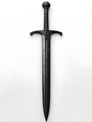 A black medieval sword against a white background