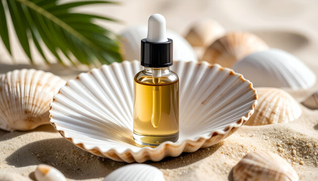 Serum minyak skincare satu botol di atas kulit kerang estetik di tepi pantai pasir putih