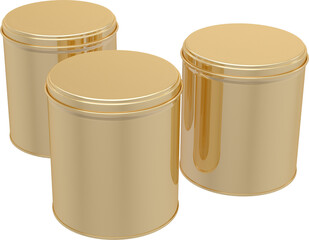 Gold Color Cylindrical Metal Tin Cans with Transparent Background