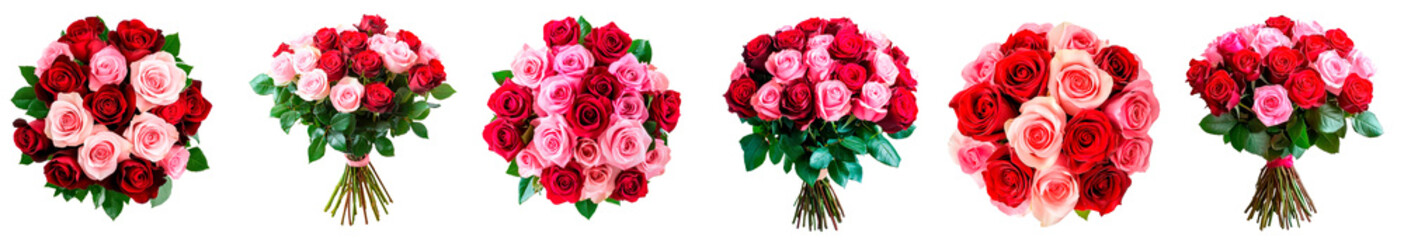 Obraz premium Set of beautiful bouquet of red and pink roses isolated on transparent background