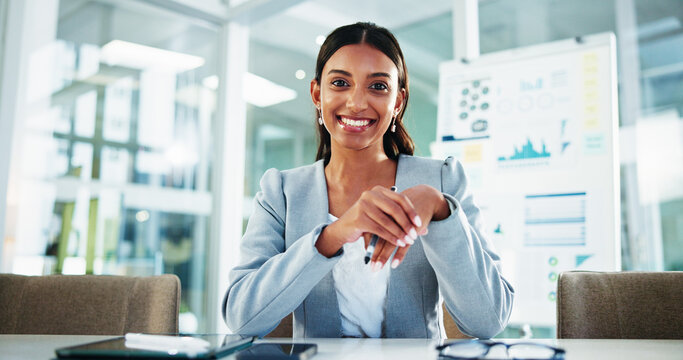 Portrait, business and woman with smile for video call for financial update, data analysis and tips. Pov, person and online for virtual meeting, corporate webinar and investment chat of negotiation