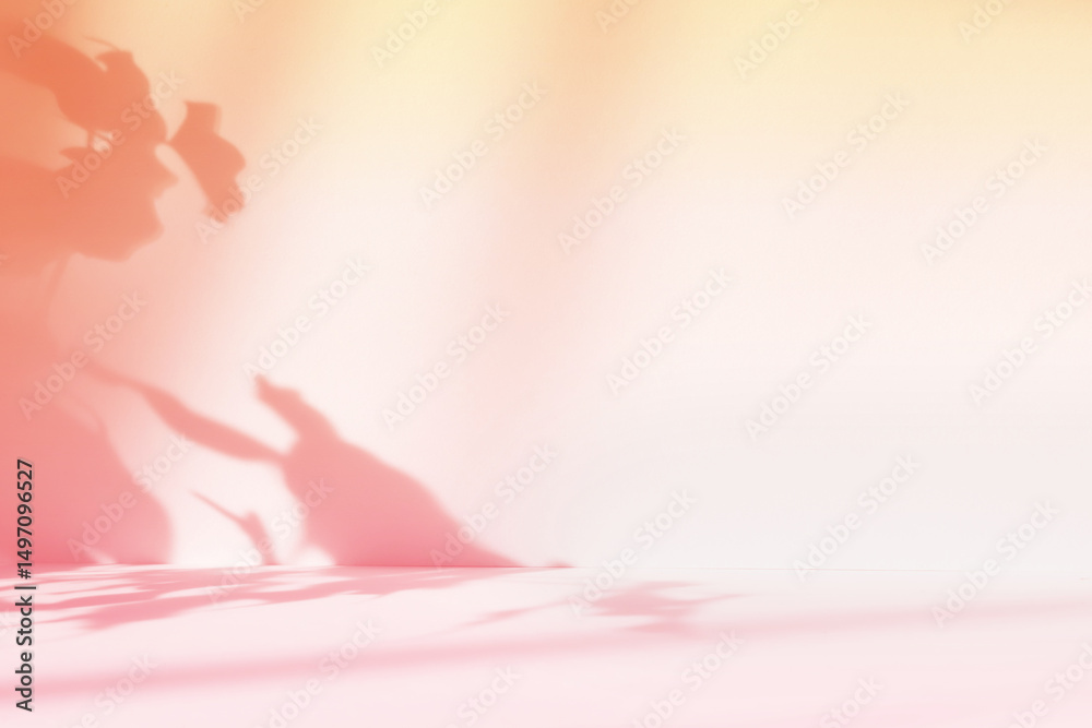 Aufkleber Abstract pink color gradient studio background for product presentation. Empty room with shadows of flowers and plant leaves. 3d orange room with copy space. Summer concept. Blurred backdrop