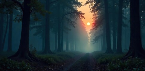 Obraz premium A dense, shadowy forest at twilight, thick with mist and hinting at hidden pathways and clandestine operations; perfect for spy thriller or mystery themes , foliage, fog