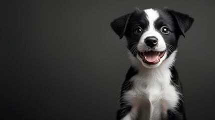 A happy friendly black and white dog in a close up portrait