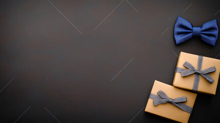 Dark background highlights a blue men's bow tie and gift box in a top-view flat lay, offering space for text in Father's Day card or banner designs, symbolizing thoughtful men's holiday gifts with cle