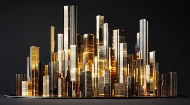 Abstract cityscape rendered in gold and silver metallic tones, illuminated from within, set against a dark background on a circular base