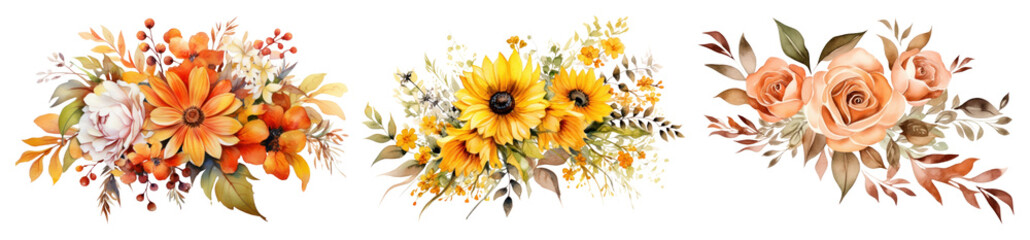 Naklejka premium PNG Vibrant autumn floral arrangements, element set on transparent background