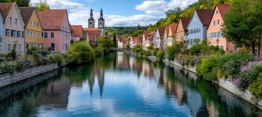 Beautiful view of the city of Germany with colorful houses and greenery, sunset lighting, a small river flowing through it