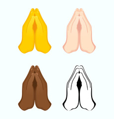 Folded hands icon of various skin tones. Pray gesture emoji vector illustration. 
