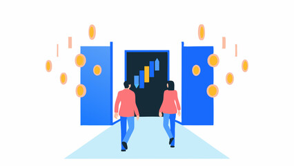 Two people walking through blue doors towards a stock chart with floating coins all around them