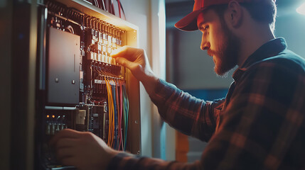 Electrician Working on a Circuit Breaker Panel