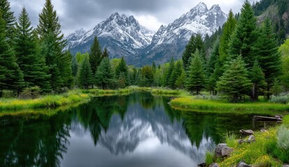 A serene scene of the Grand Teton National Park, with snow-capped mountains reflecting in the still water and wildflowers blooming along its banks.