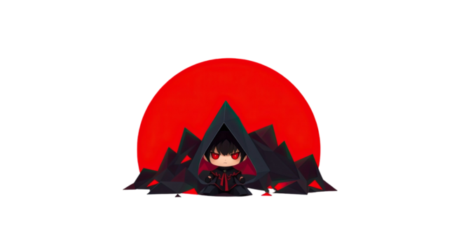 A chibi character dressed in a black cloak with red accents stands in front of a prominent red sun