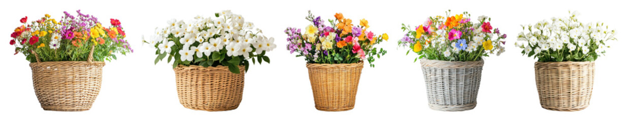 Fototapeta premium PNG Colorful flowers in woven baskets, element set on transparent background
