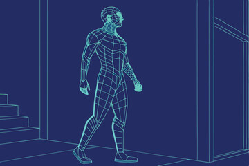 cyberpunk, neon grid, futuristic, wireframe humanoid figure, digital representation, monochrome, scifi, highly detailed
