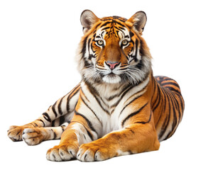 Fototapeta premium powerful adult tiger with orange stripes lying down on seamless backdrop 