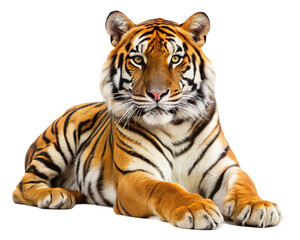 Obraz premium majestic bengal tiger resting on white background isolated 