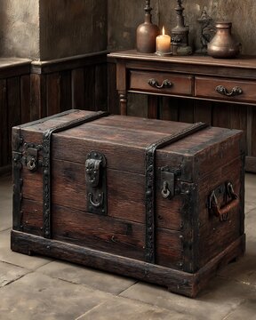 Rural village wooden storage trunk with lock high resolution picture