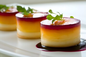 Layered Dessert Trilogy: Vibrant Jelly, Creamy Mousse, Elegant Garnish