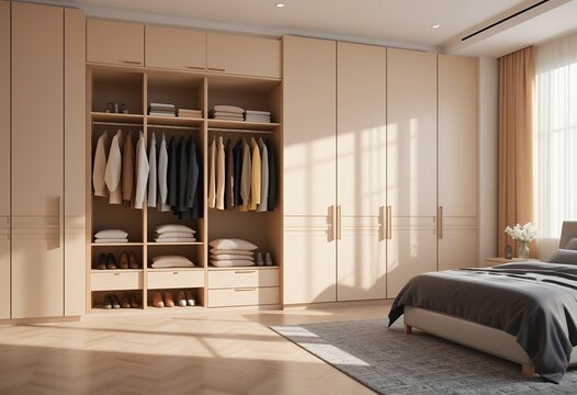 Modern bedroom interior with built in wardrobe and natural sunlight filtering through window