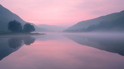 Fototapeta premium Misty Lake Sunrise: Serene Pink Landscape Reflection