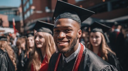 Fototapeta premium Young graduate in gown holding cap and beaming at camera while standing beside friends..