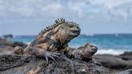 Fototapeta premium Marine Iguanas on Volcanic Beach Near Ocean Waves
