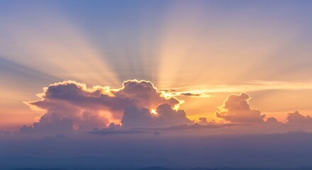 Fototapeta premium 雲と太陽光線が織りなす幻想的な空模様 | 希望に満ちた美しい自然風景、瞑想やリラックスを促す背景素材