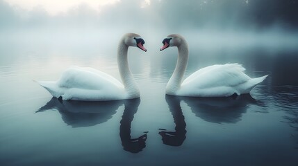 Two majestic white swans face each other on a misty, calm lake, their reflections mirroring a heart shape