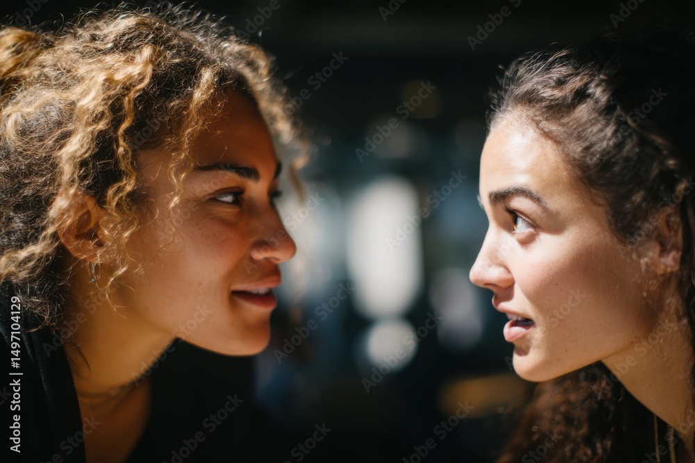 Poster two young women face each other in profile, representing friendship and open communication in a mode