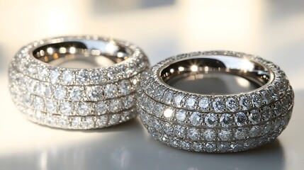 Two opulent diamond eternity bands, showcasing brilliant-cut stones set in a smooth, high-polished metal.  Reflective surface highlights sparkle