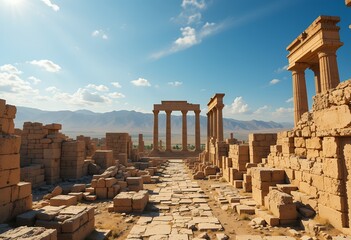 Ancient stone ruins with tall columns set against clear blue sky and distant mountains landscape
