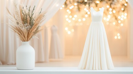 Elegant Wedding Dress Display with Pampas Grass