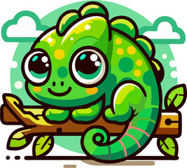 Cute Vector Chameleon with Big Eyes Sitting on Branch – Adorable Cartoon Lizard for Kids and Nature Designs