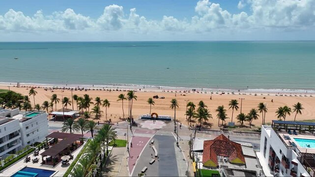 Busto Tamandare In Joao Pessoa Paraiba Brazil. Aerial View Of Stunning Beach With Crystal Clear Waters. Town Clouds Sky Backgrounds Urban. Town Exterior Panorama. Joao Pessoa Paraiba.