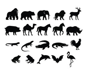 Naklejka premium Black Animal Silhouettes Collection – Wild, Farm, and Jungle Animals Vector Set 