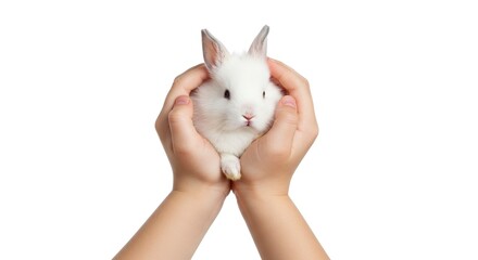 Holding Adorable White Baby Rabbit in Child Hands Pet Care Concept