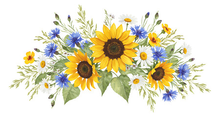 Watercolor floral arrangement with sunflowers cornflowers daisies and delicate greenery